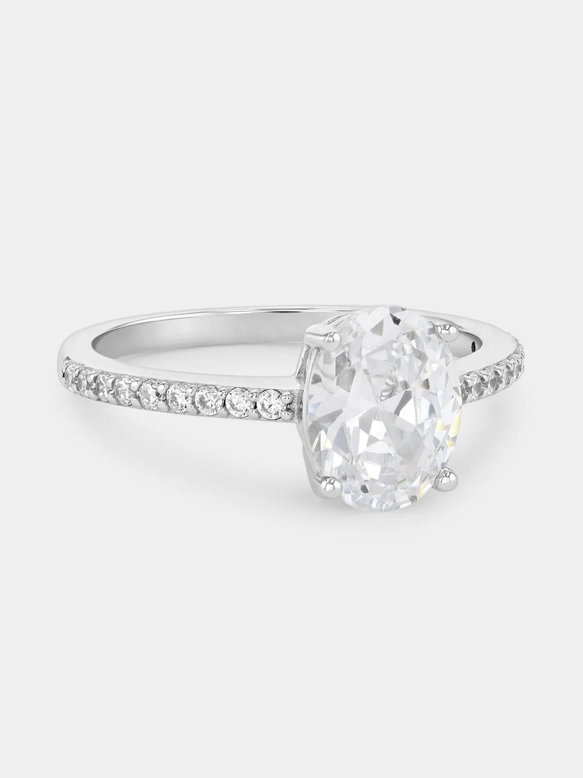 Sterling Silver Cubic Zirconia Oval Solitaire Pavé Ring