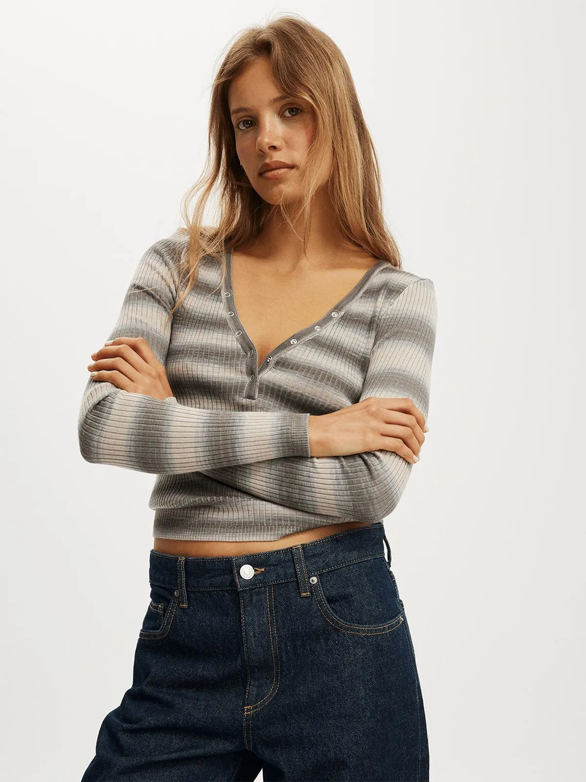 Women's Cotton On White Rib Knit Henley Long Sleeve