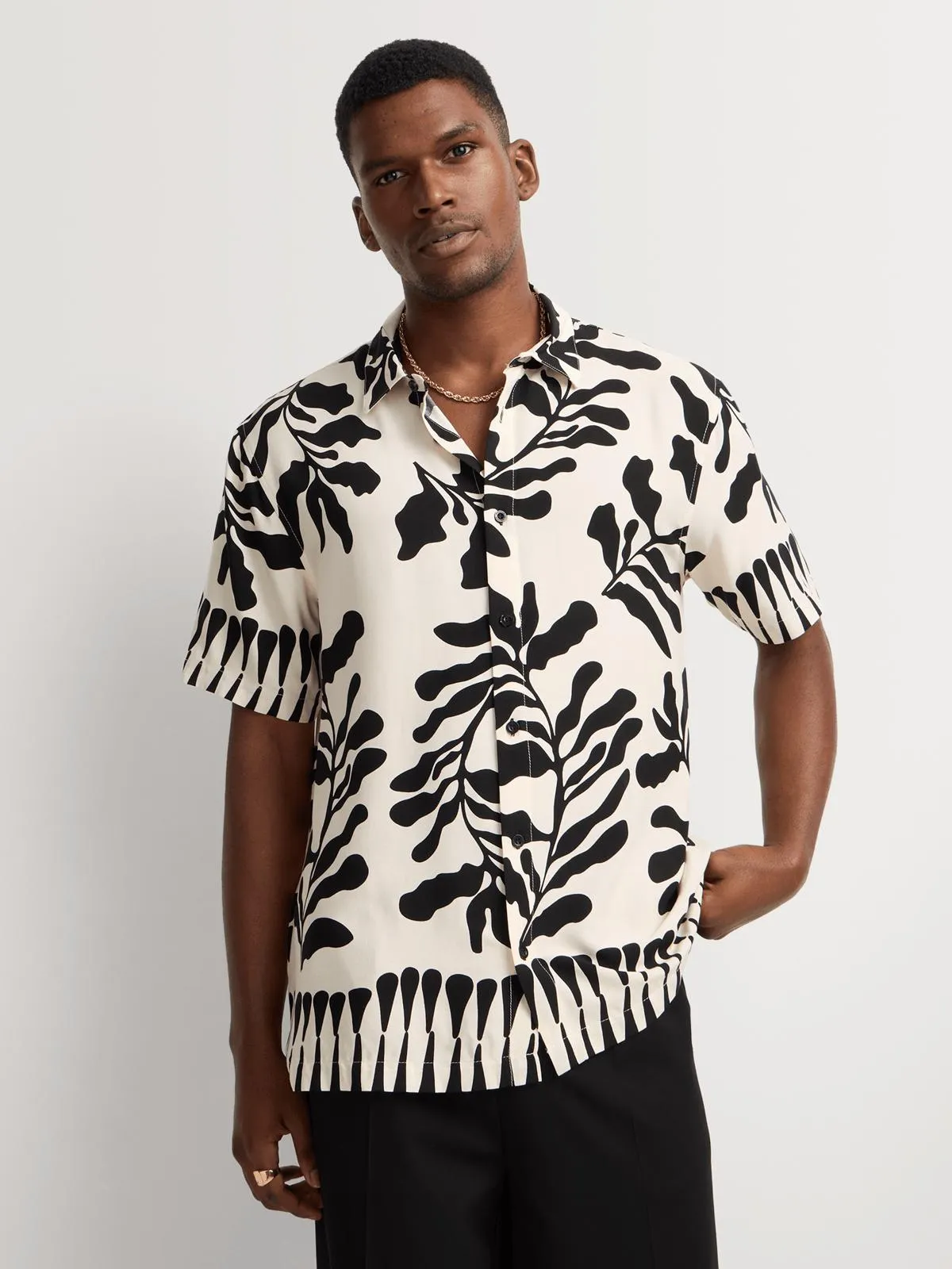 Markham Men's Printed Leaves Oatmeal Viscose Shirt