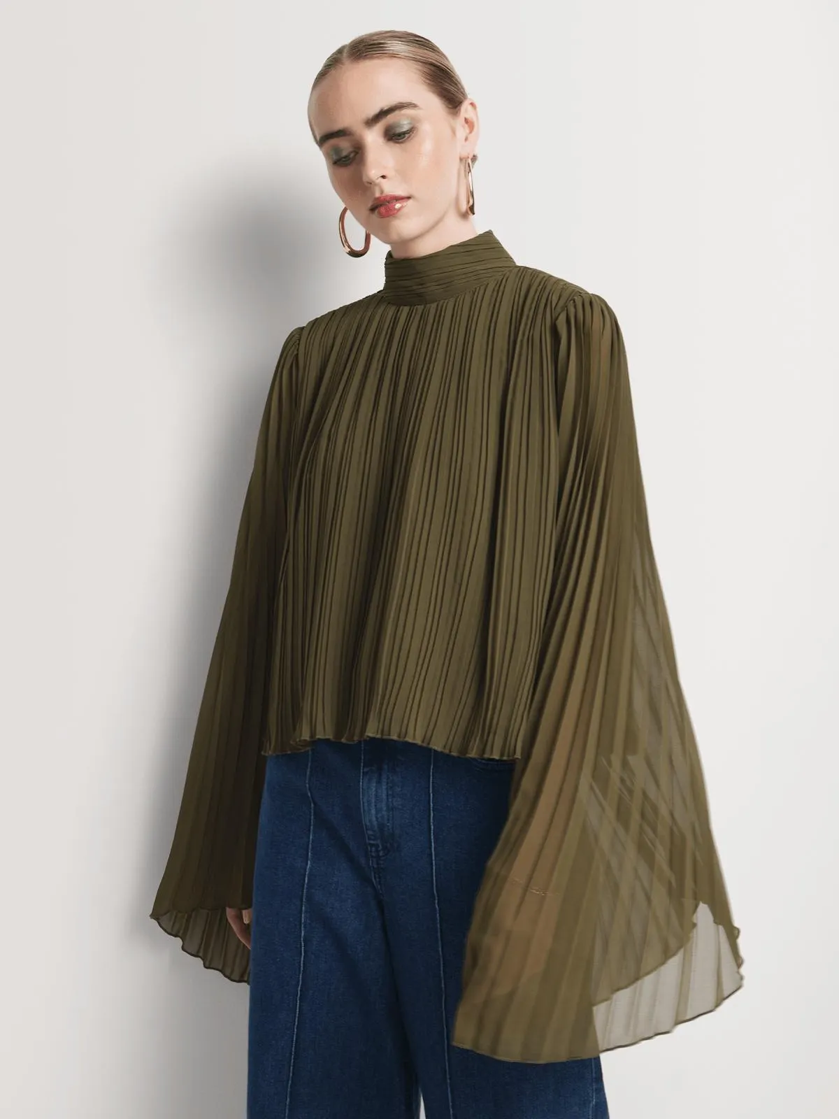 Luella High Neck Pleated Volume Sleeve Blouse