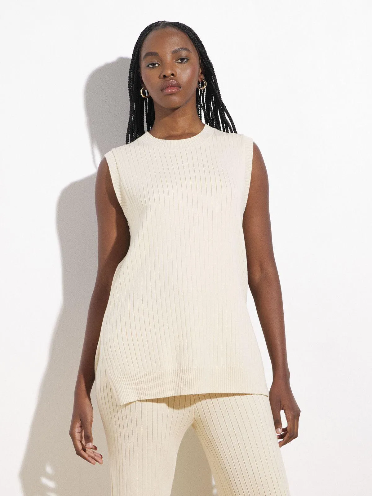 Women's Canvas Co-ord Side Split Sleeveless Knitwear Top