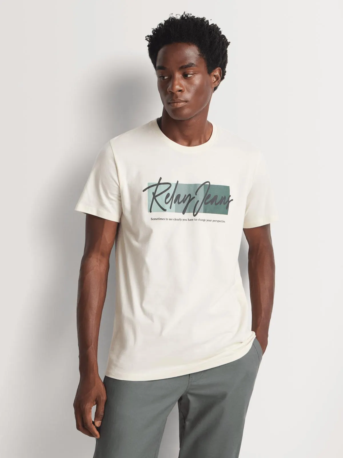 Relay Jeans Men's Slimfit Multi Tonal Block Ecru Graphic T-Shirt