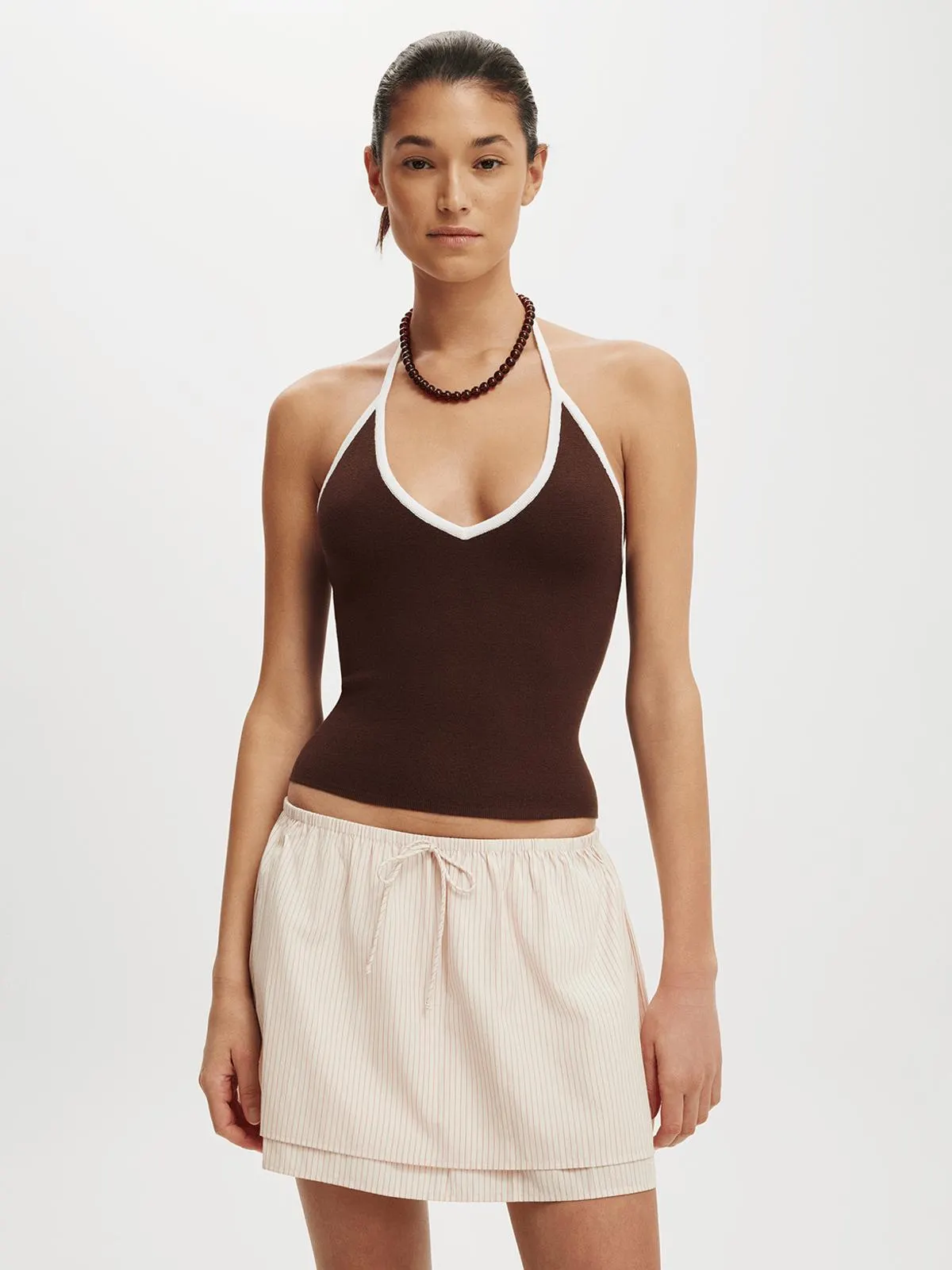 Women's Cotton On Brown Halter Knit With Contrast Bind Top