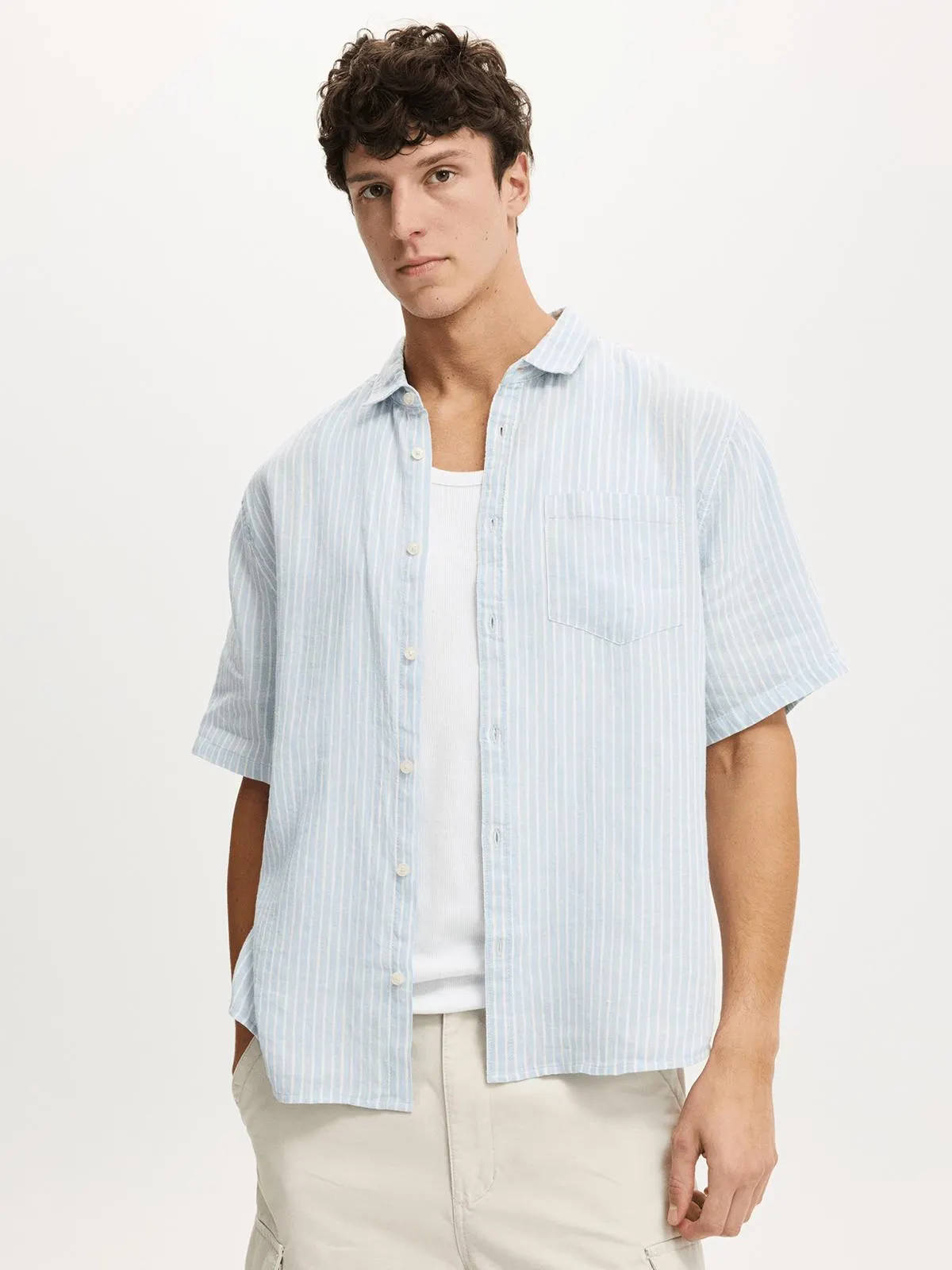 Men's Cotton On Blue Relaxed Linen Short Sleeve Shirt