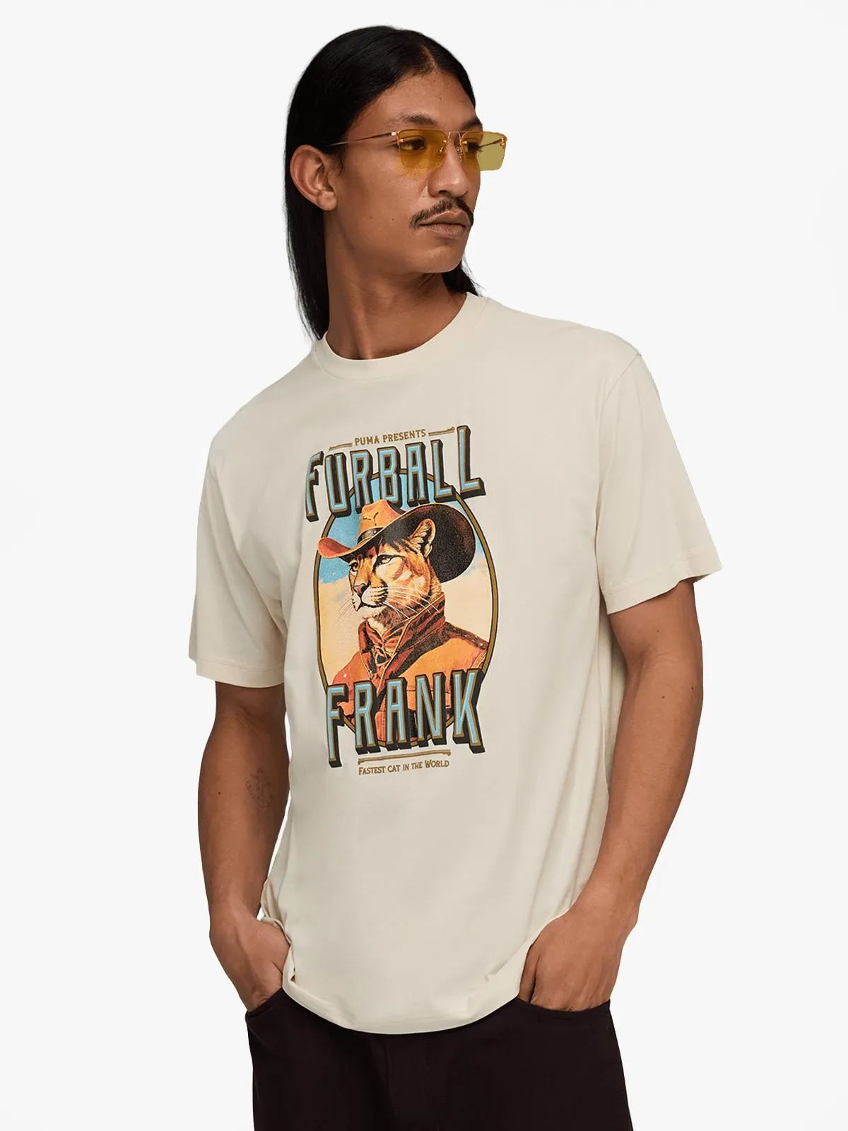 Puma Men's Graphic Cat Cowboy Relaxed Ecru T-shirt