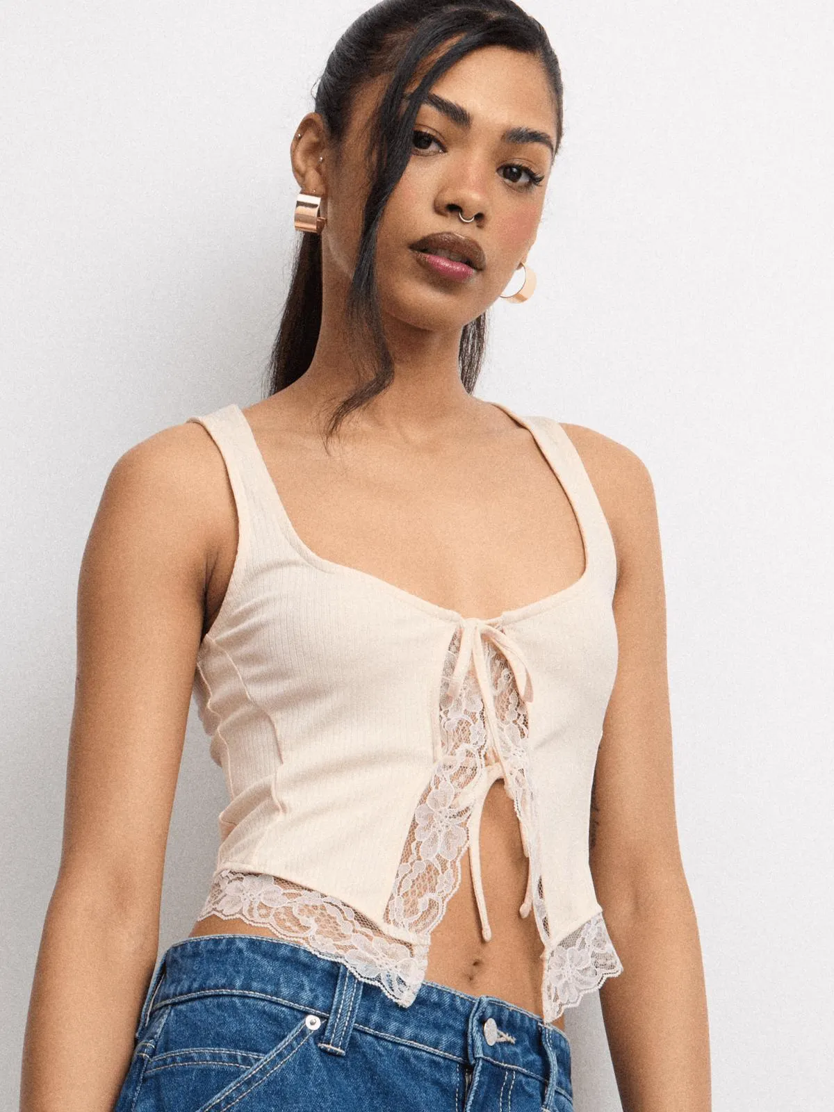 The FIX Women's White Rib Front Lace Top