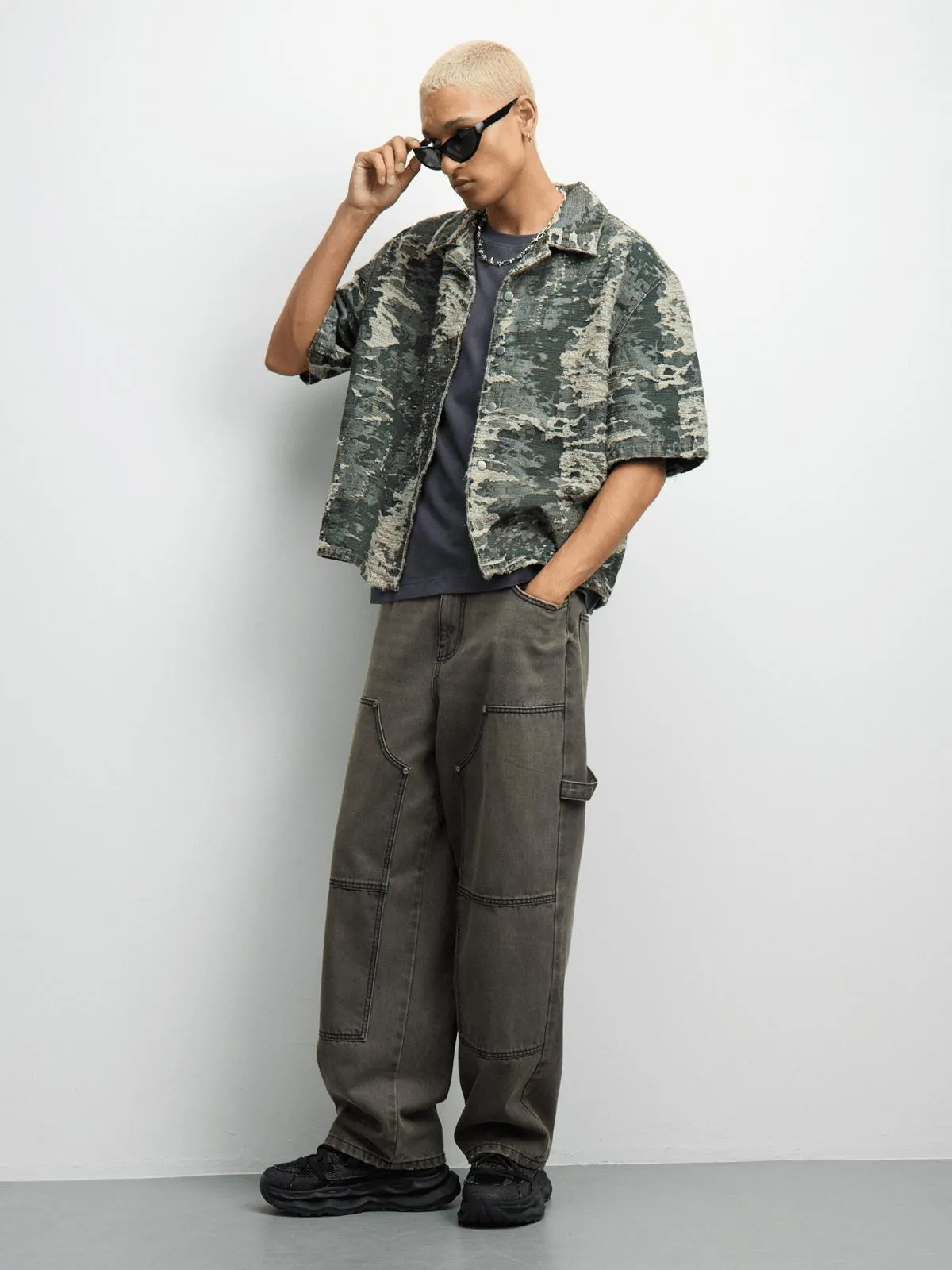 The FIX Men's Stone Grey Wash Baggy Denim Carpenter Pants