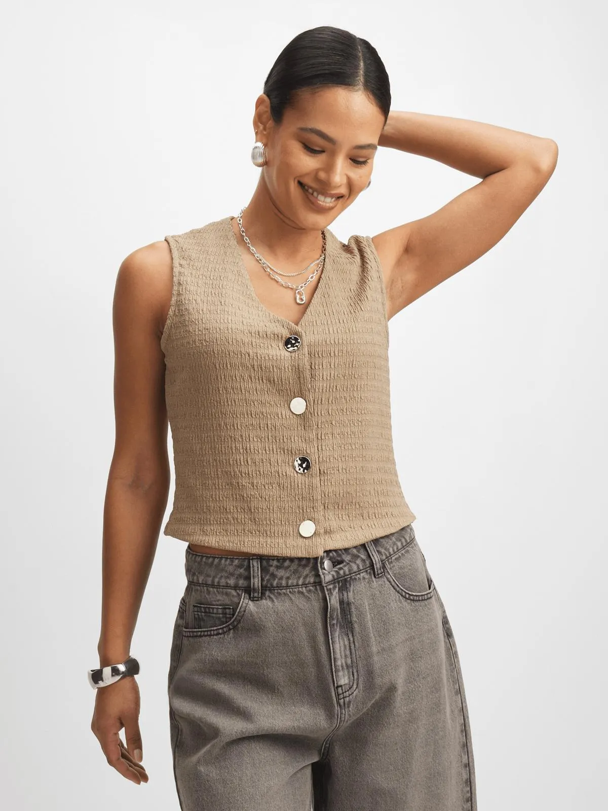 Exact Women's Beige Textured Waistcoat