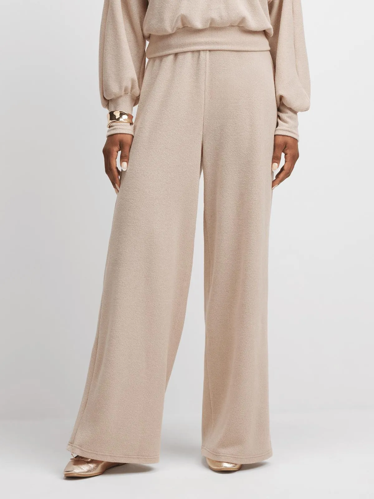 Jet Women's Ecru Cashmere Rib Wide Leg Pants