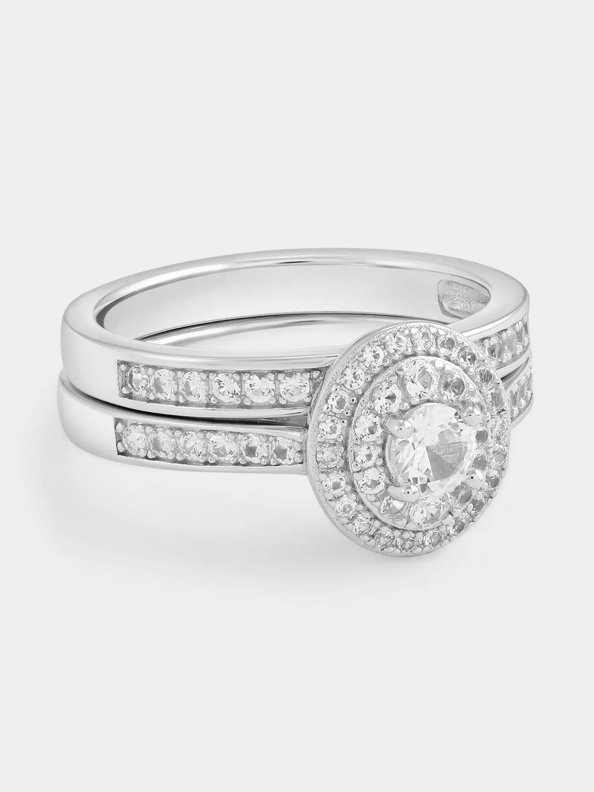 Sterling Silver White Sapphire Oval Double Halo Channel Twinset Ring