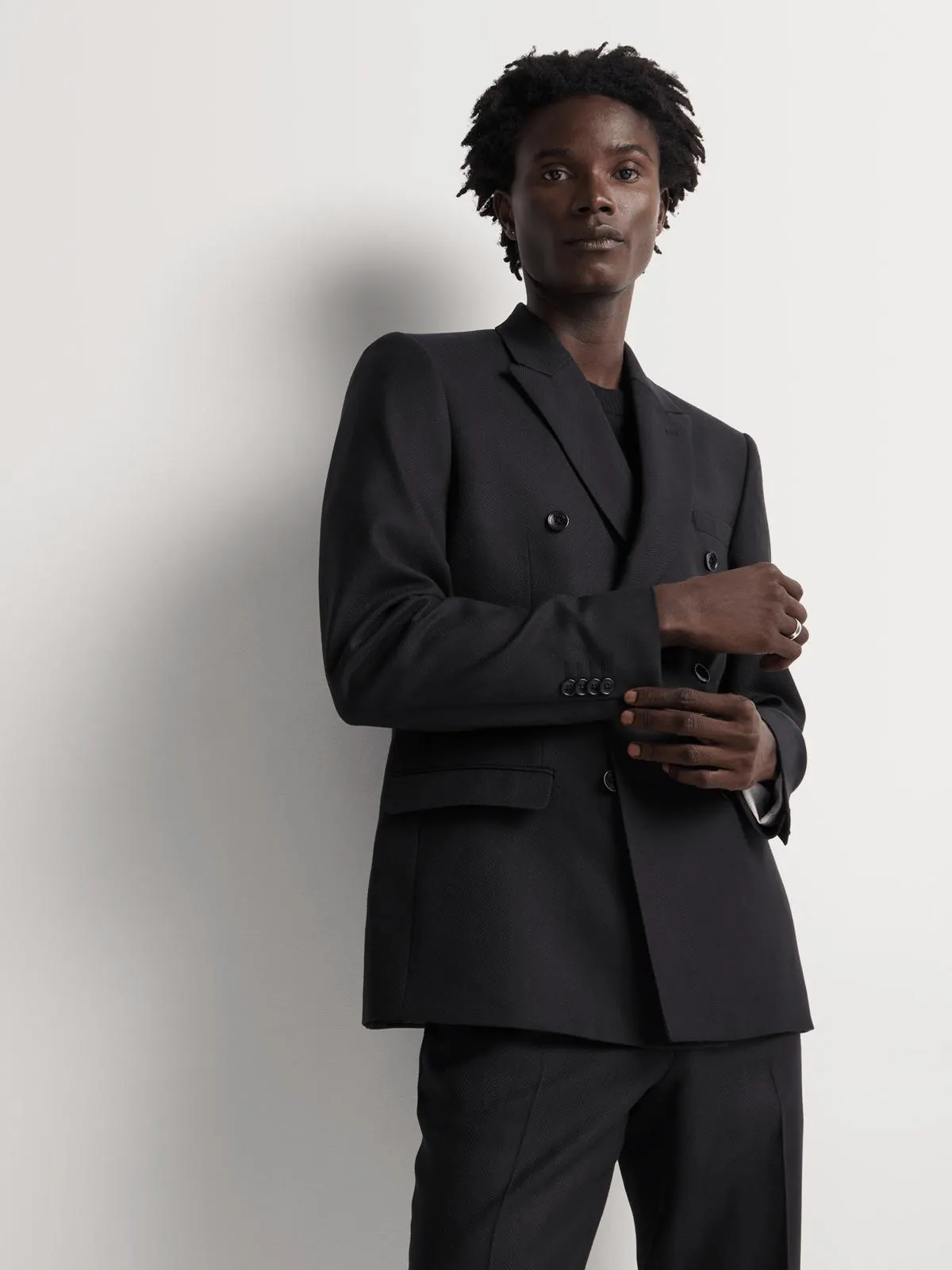 Markham Men's Slim Double Breasted Herringbone Black Suit Jacket