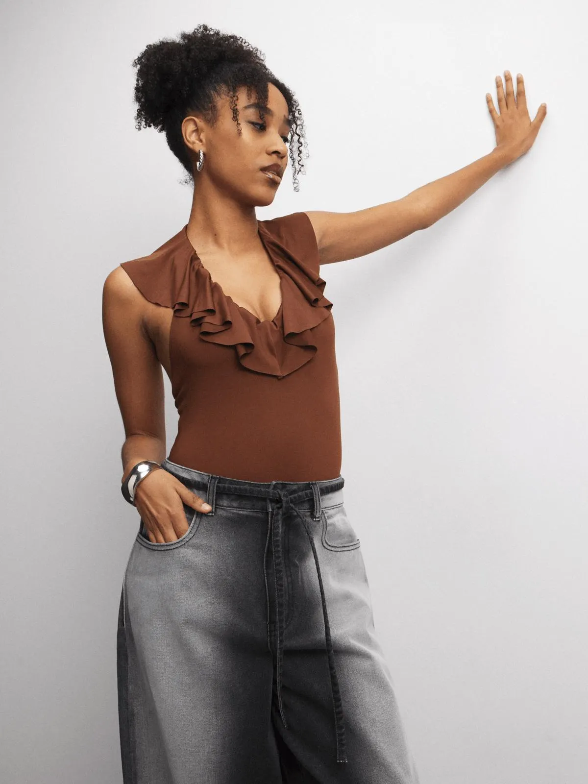 The FIX Women's Brown Halter Neck Bodysuit