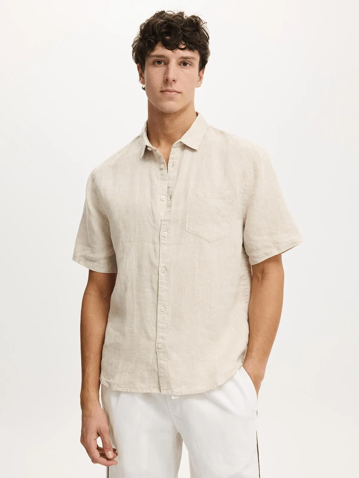 Men's Cotton On BEIGE Relaxed Linen Short Sleeve Shirt