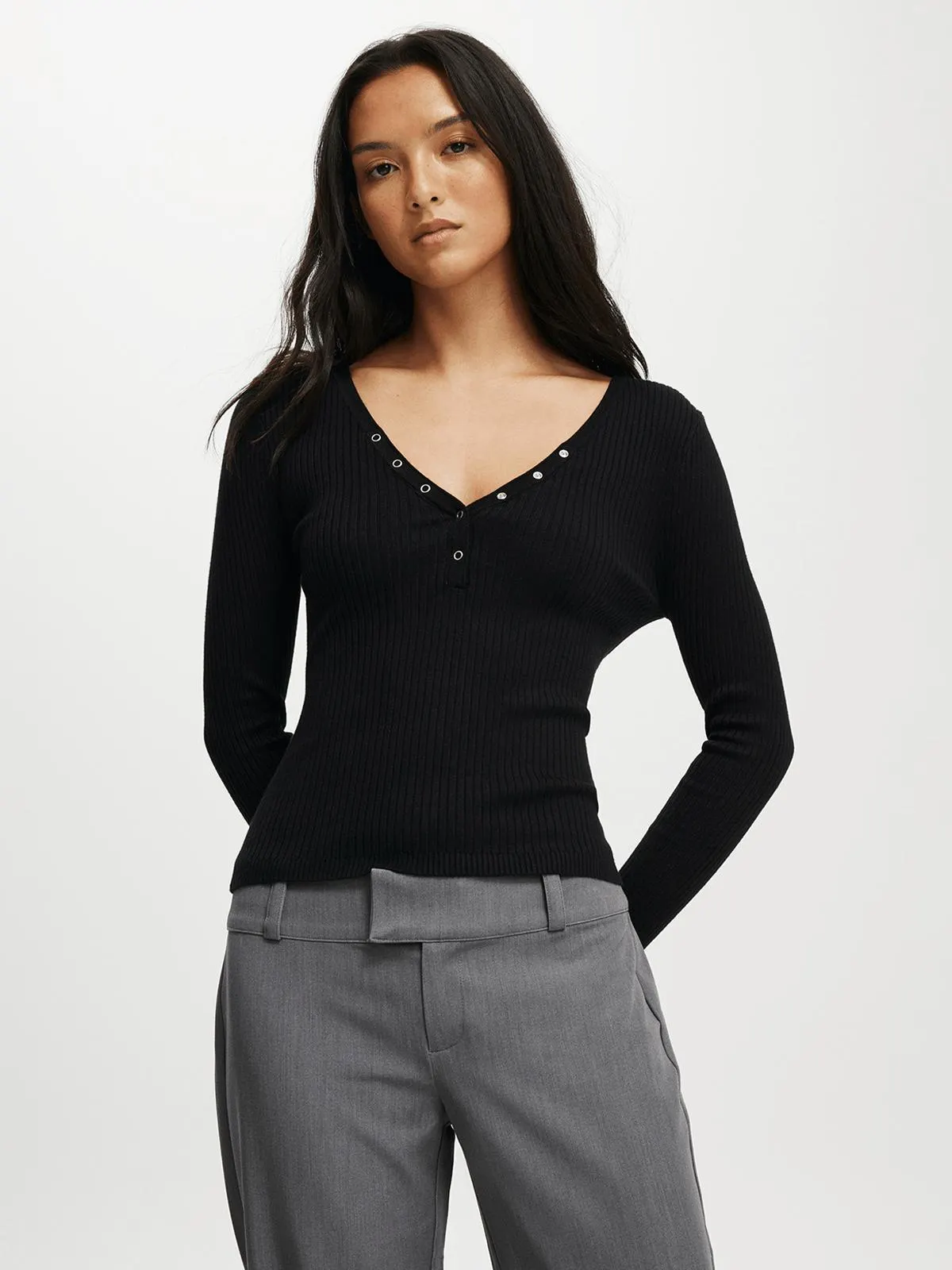 Women's Cotton On Black Rib Knit Henley Long Sleeve Top