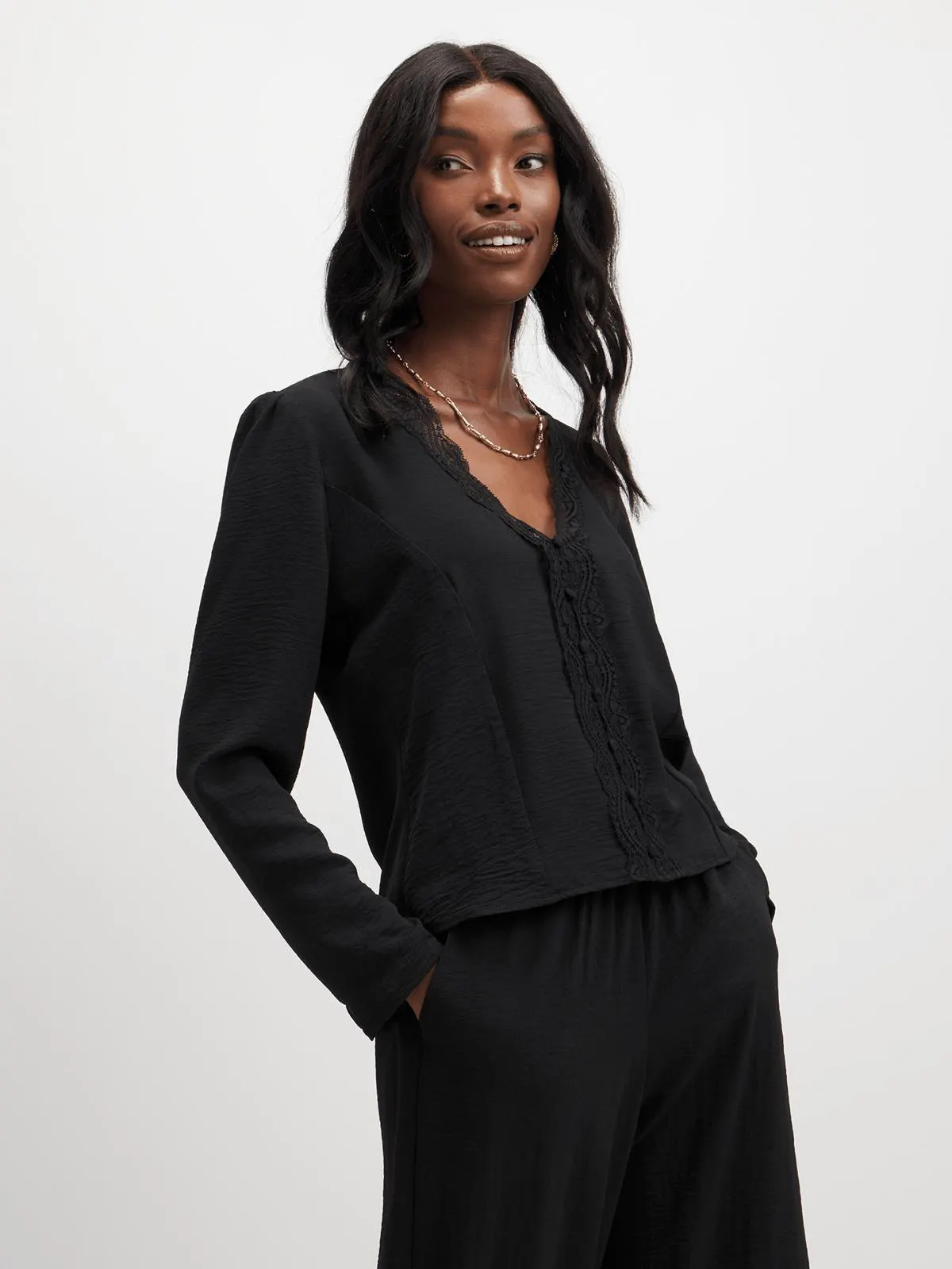 Exact Women's Black Lace Trim Blouse