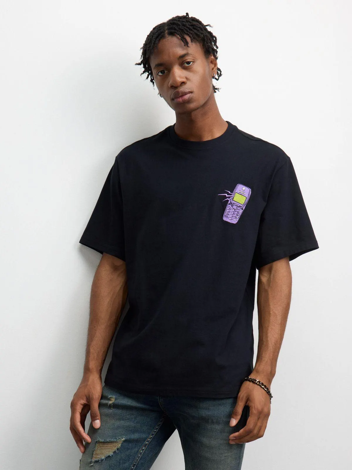 Redbat Men's Phone Applique Black T-Shirt