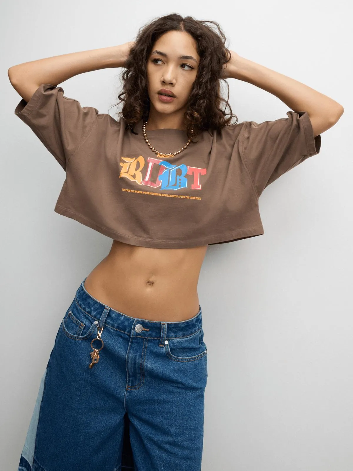 Redbat Athletics Women's Graphic Fleece Boxy Brown Crop Top