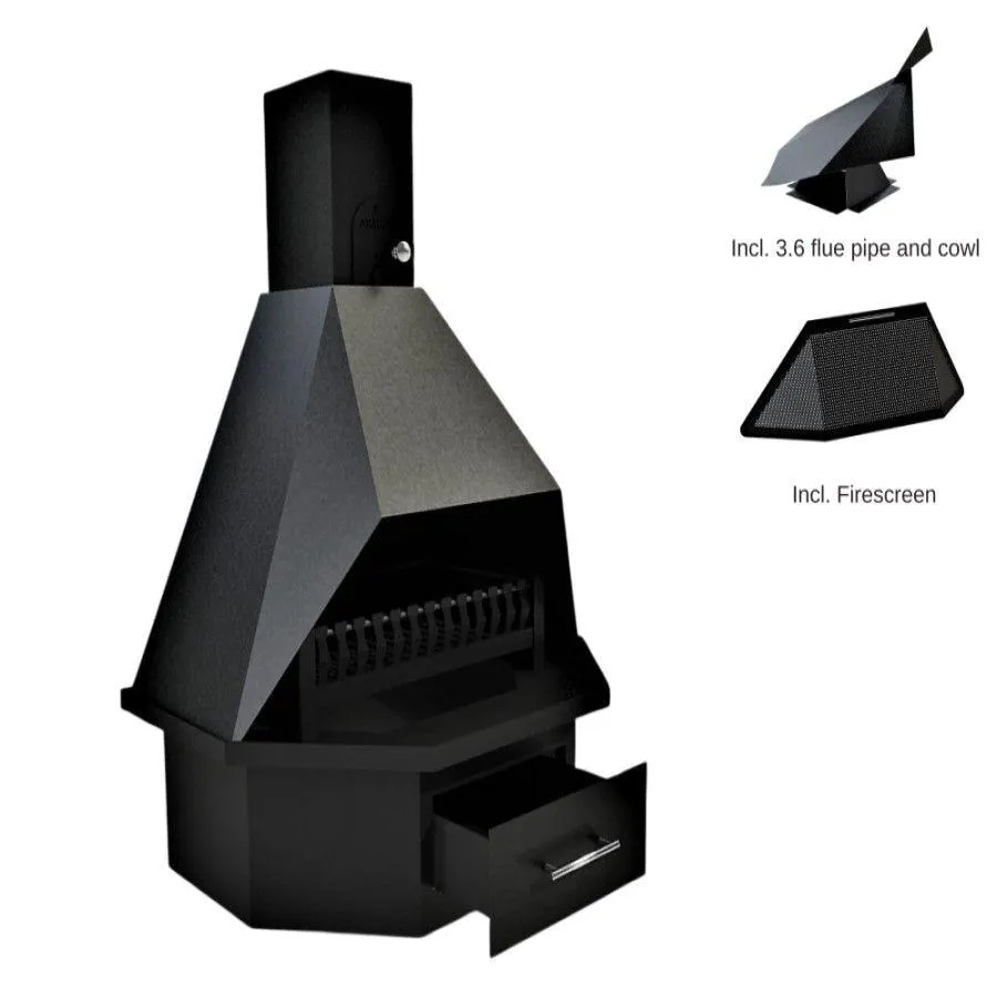 Avalon Hex Fireplace (700mm) incl. small base and cowl, 3.6m Flue, and Firescreen
