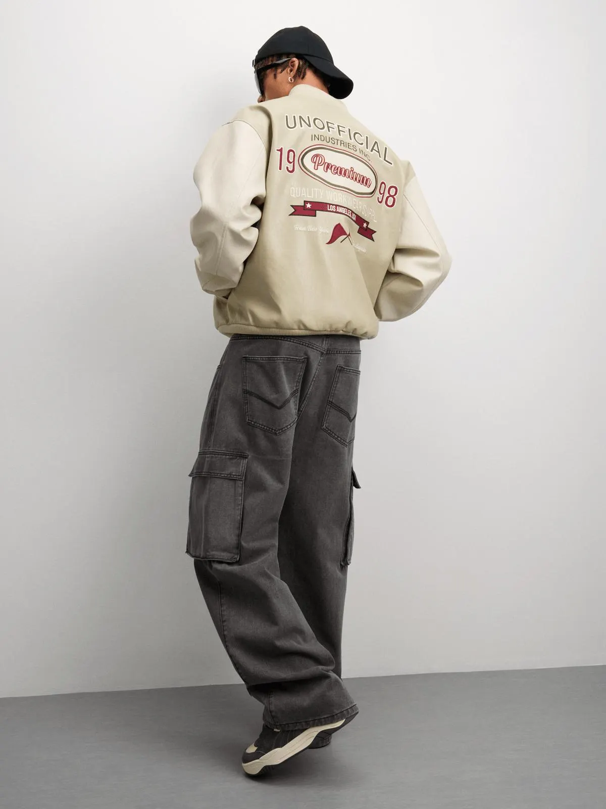 The FIX Men's Cream PU Unnoficial Graphic Bomber Jacket