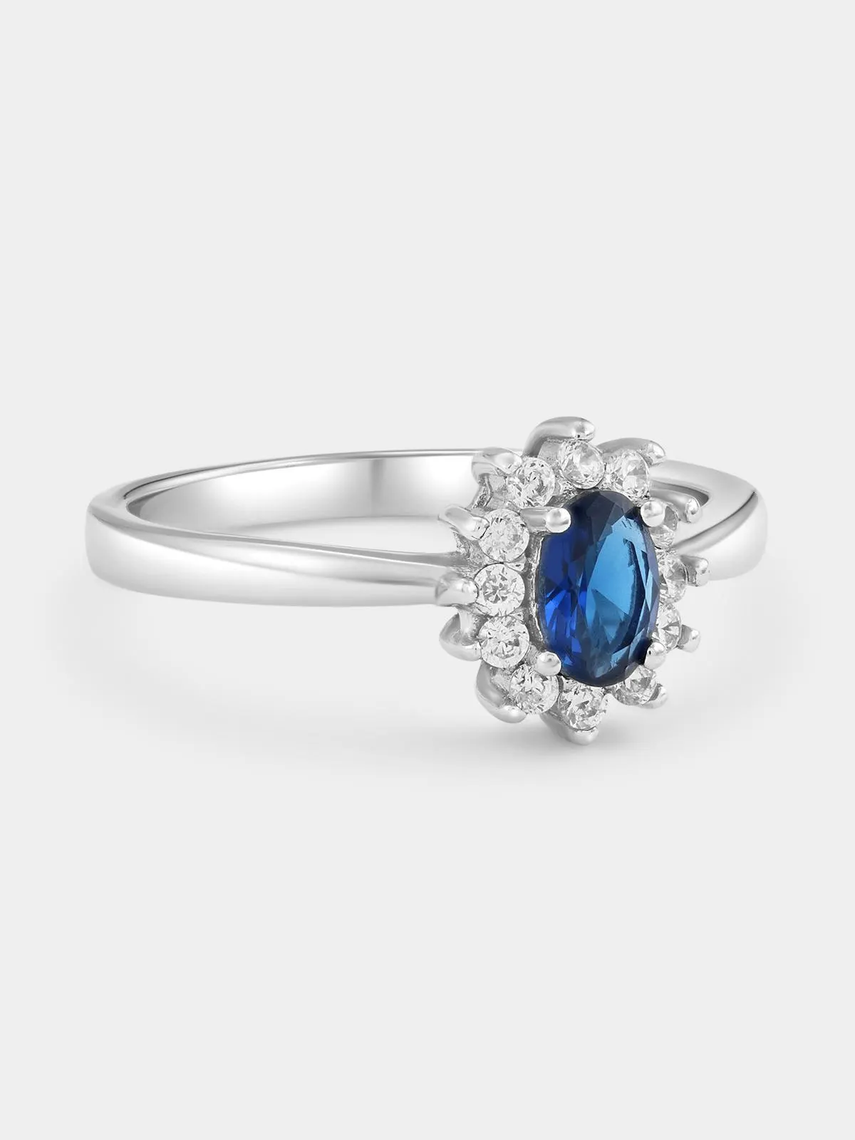 Sterling Silver Sapphire Blue Cubic Zirconia Oval Halo Ring