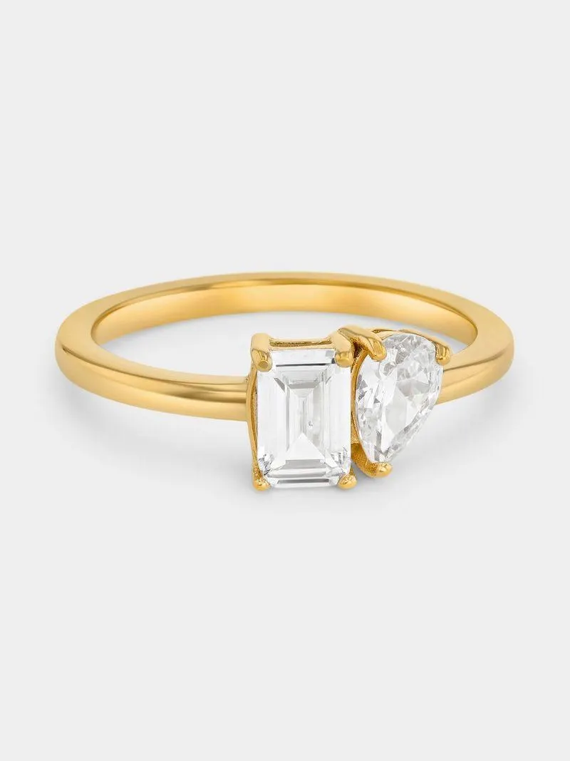 Gold Plated Sterling Silver Cubic Zirconia Pear & Emerald Two-Stone Ring