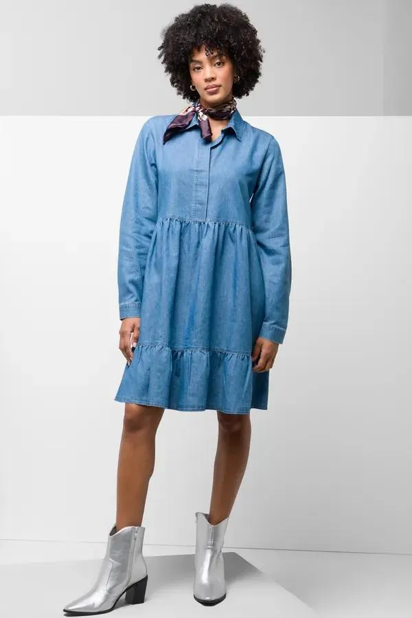 Tiered denim shirt dress blue