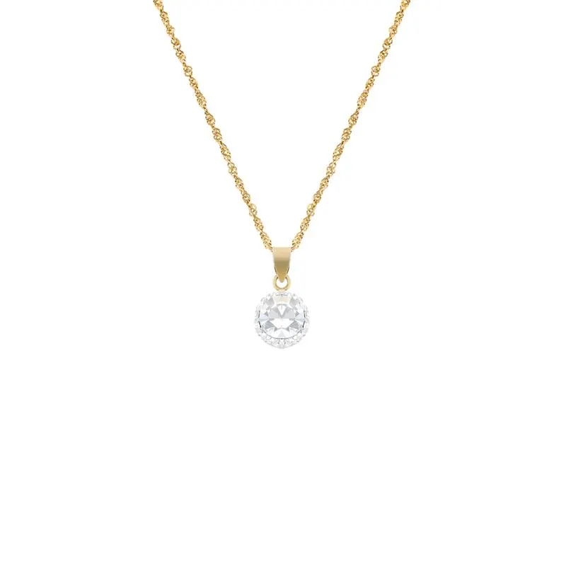 Yellow Gold Crystal Halo pendant on bonded chain