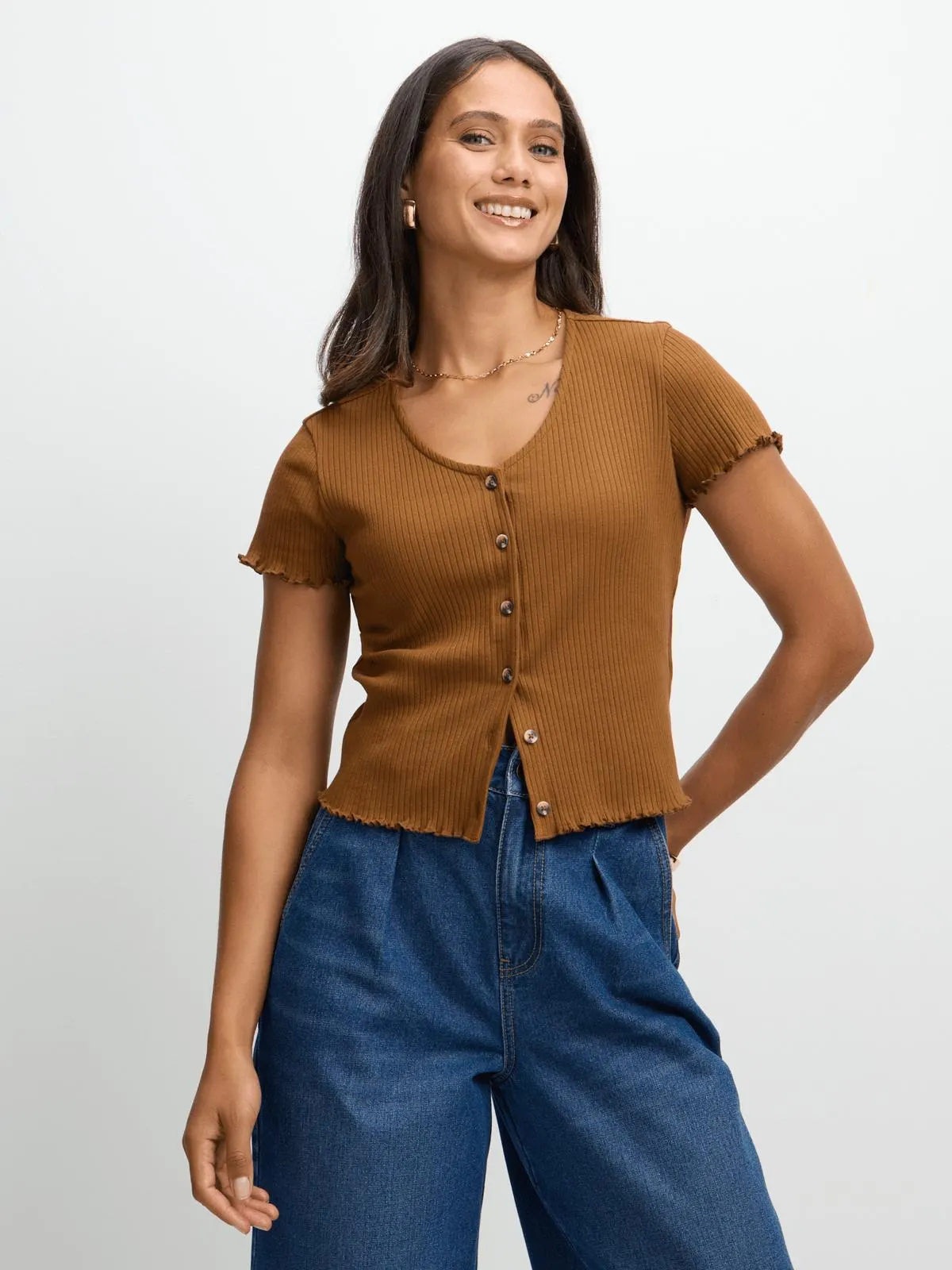 Exact Women's Brown Button Through Rib Top