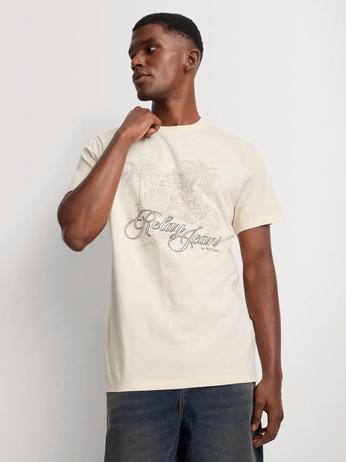 Relay Jeans Men's Regular Fit Palm Mansion Ecru T-Shirt