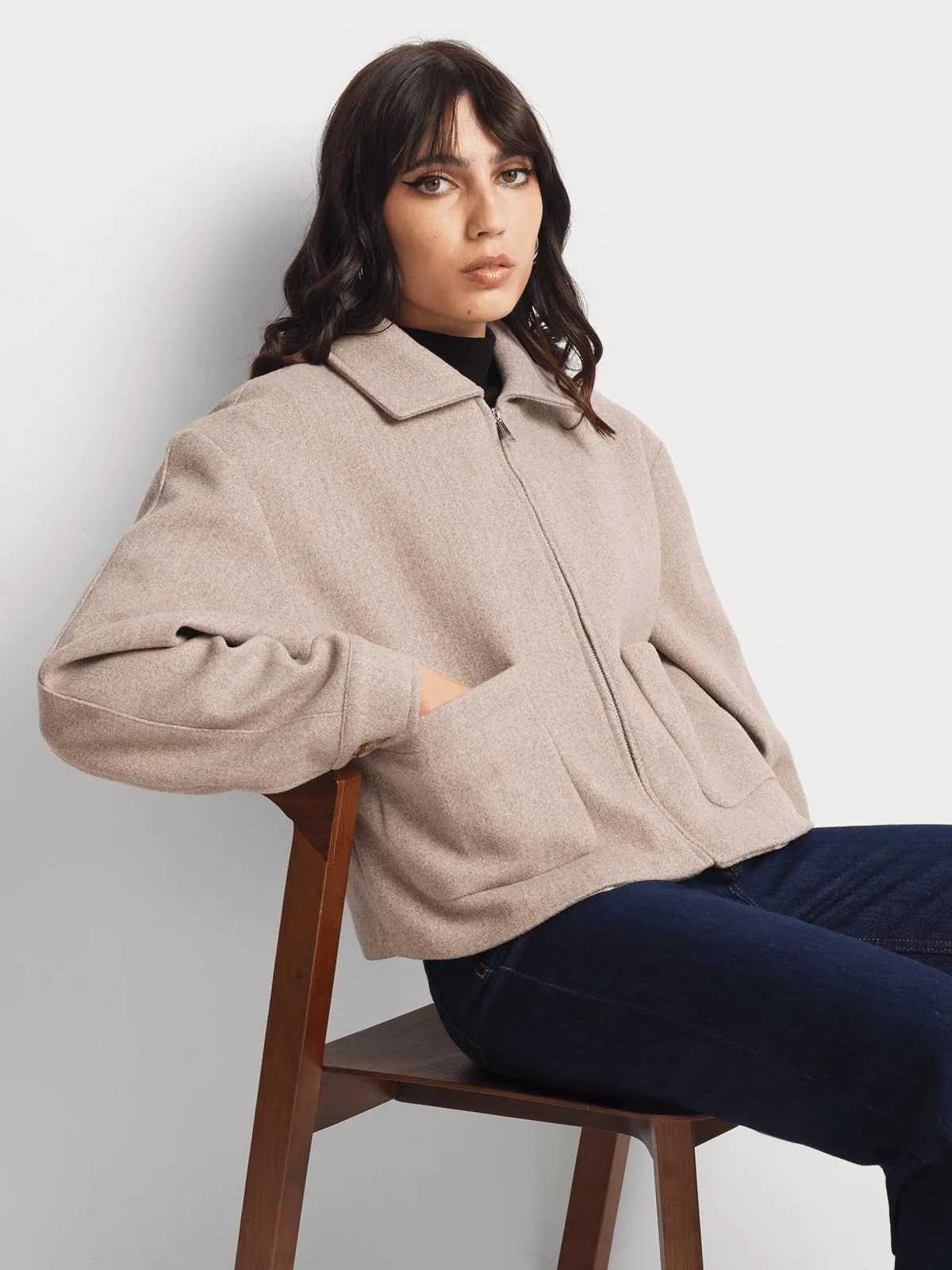 Cropped Zip Melton Shacket