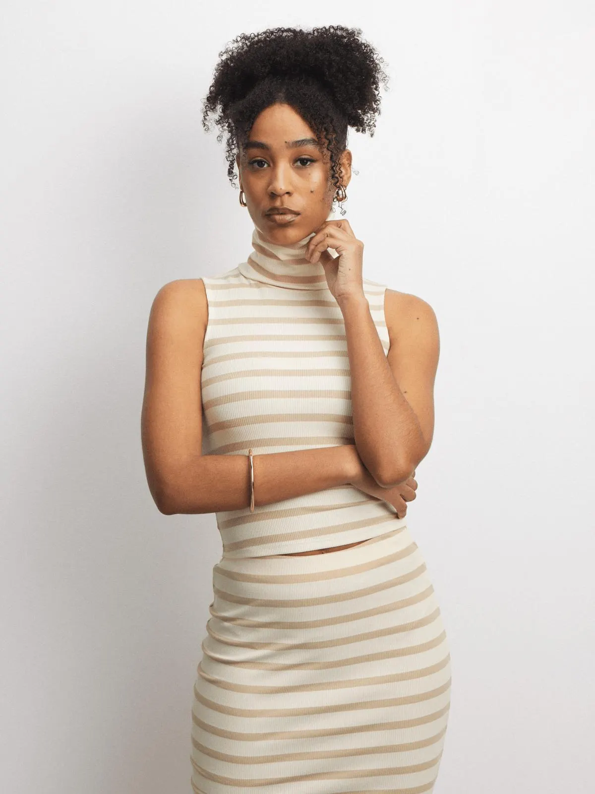 The FIX Women's Natural Stripe Co-Ord Funnel Neck Top