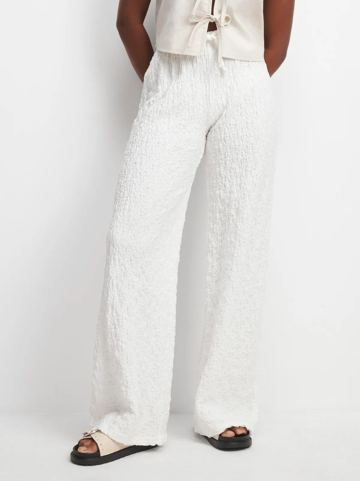 Women's White Popcorn Wide Leg Pants
