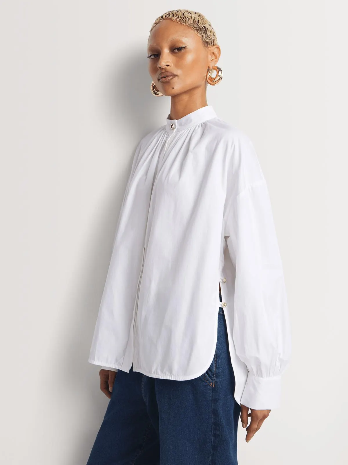 Button Detail Curved Hem Oversized Shirt