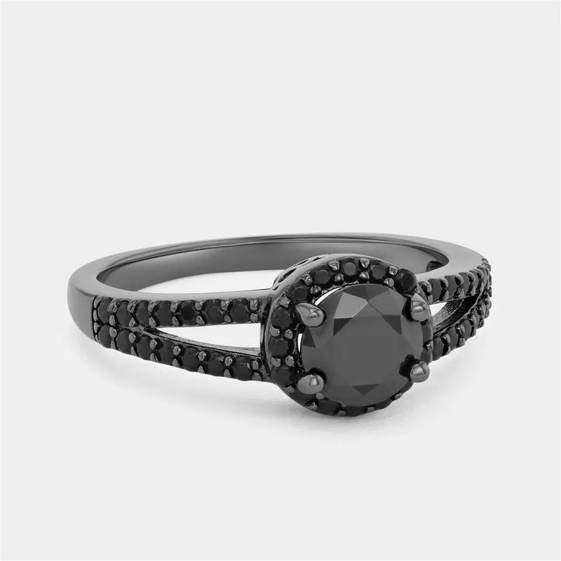Black Plated Sterling Silver Black Cubic Zirconia Halo Ring