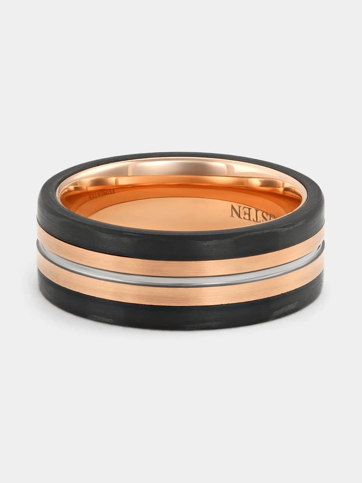 Rose & Black Plated Tungsten Stripe Centre Groove Ring