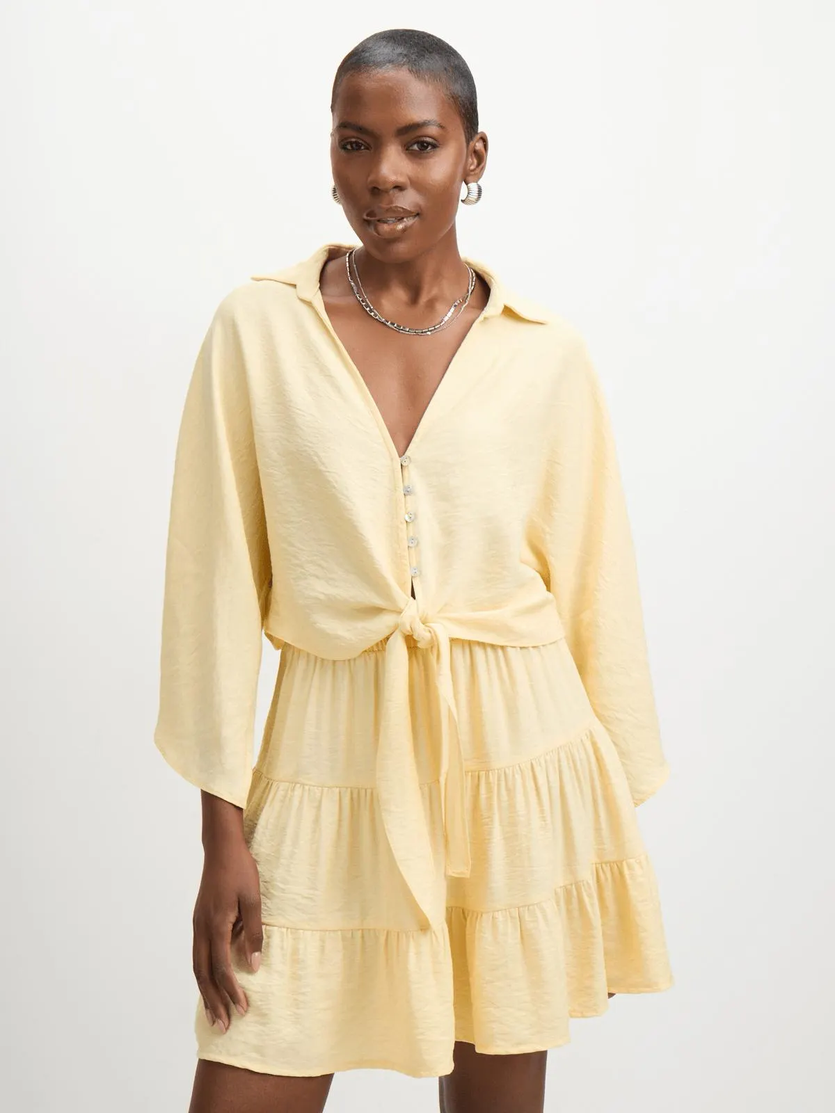 Jet Women Yellow Tie Button Sleeved Top