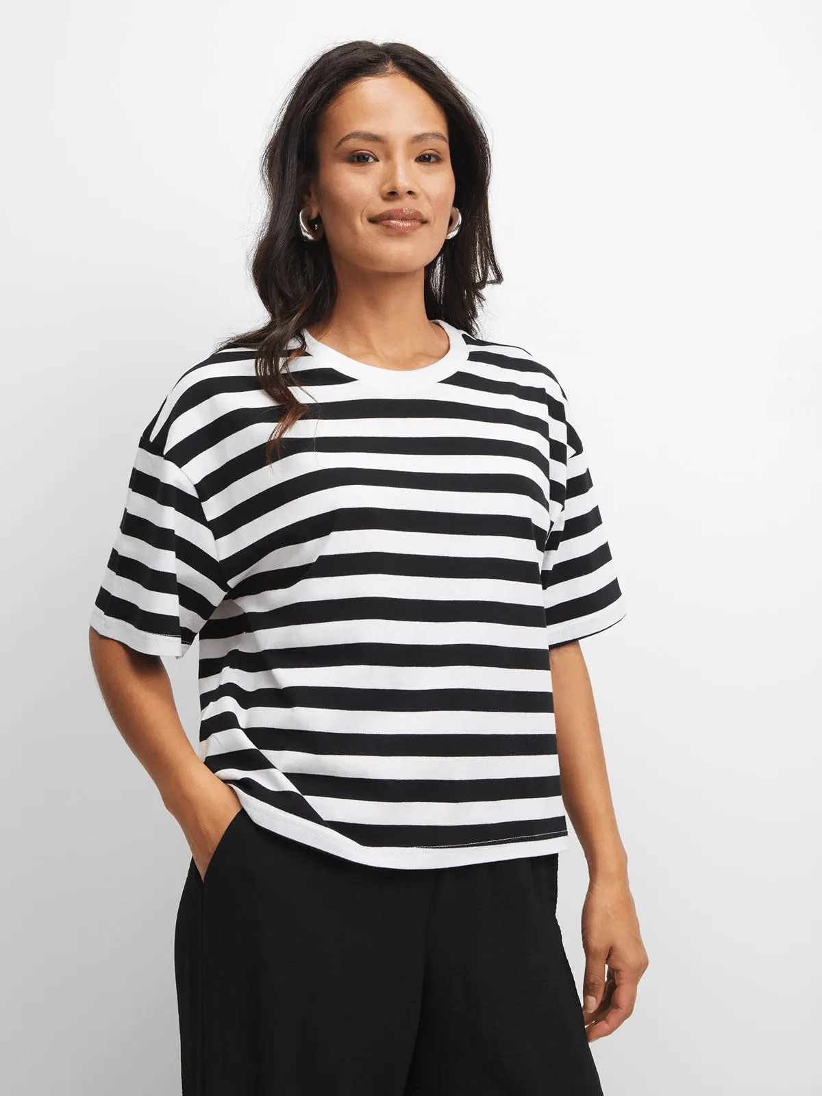 Exact Women's White & Black Striped Boxy T-Shirt