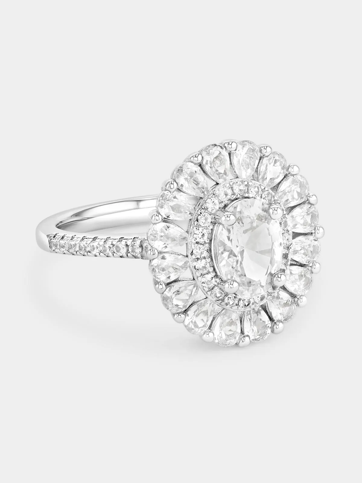 Sterling Silver White Sapphire Oval Petal Halo Ring