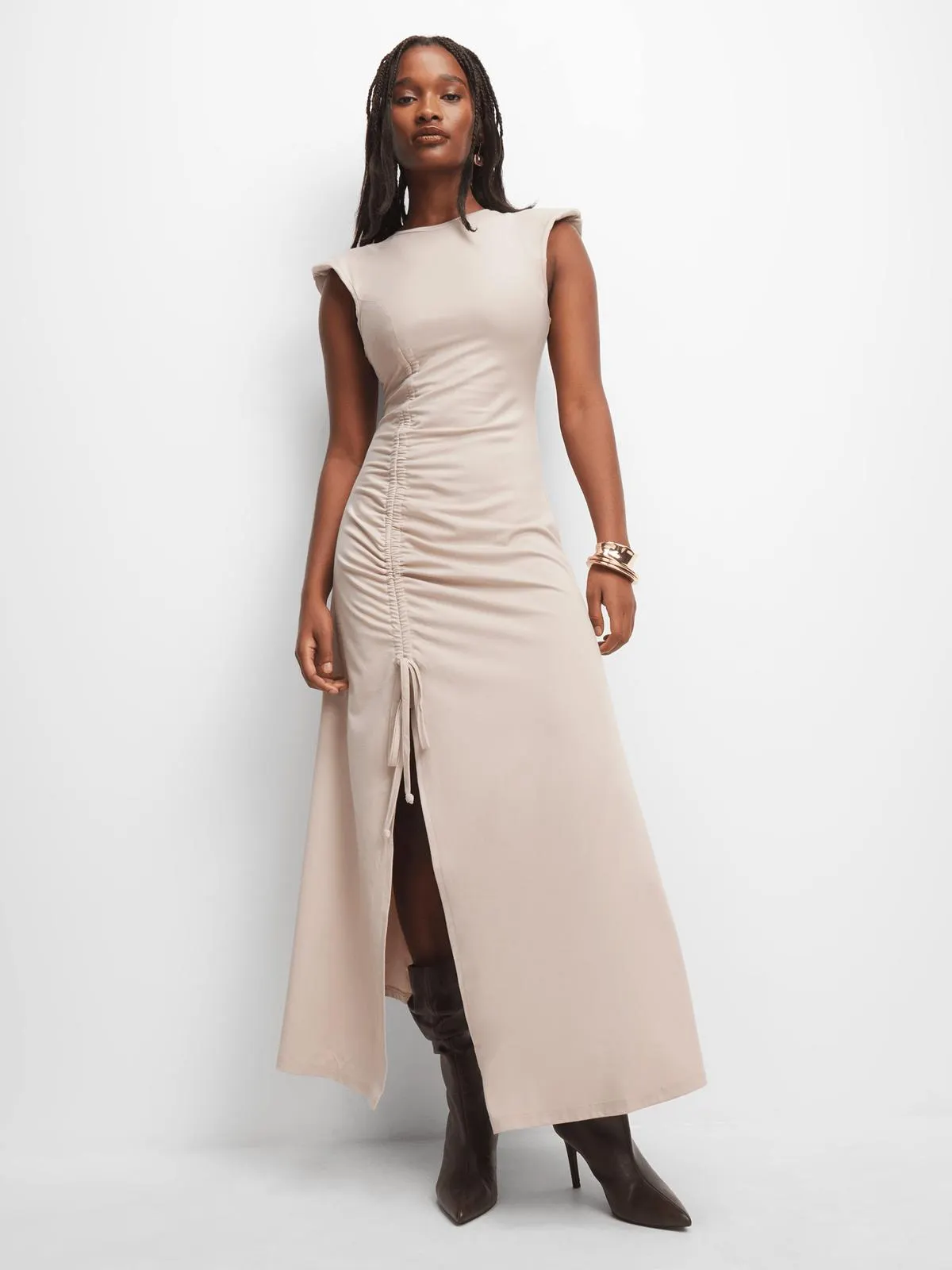 Women's Natural Ruched Slit Maxi Dress