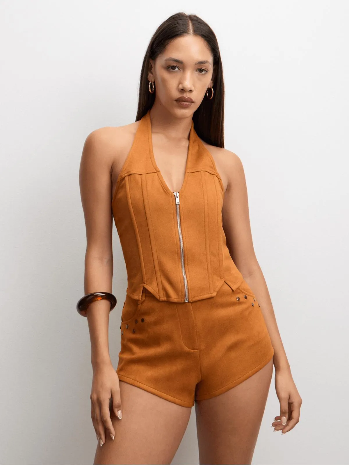 The FIX Women's Brown Suede Halterneck Top