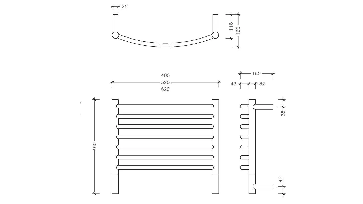 Jeeves Classic H Curved Brushed Stainless Steel Heated Rail 460 x 400mm
