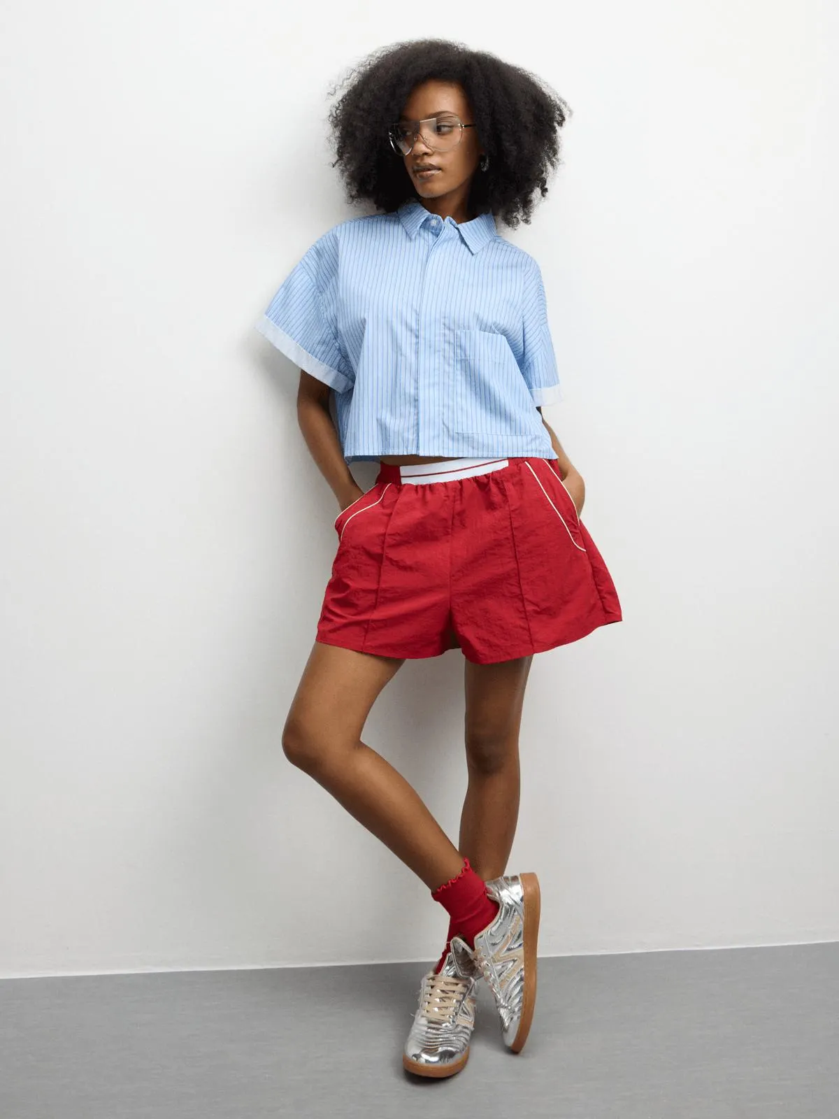 The FIX Women's Blue Poly Cotton Boxy Cropped Shirt