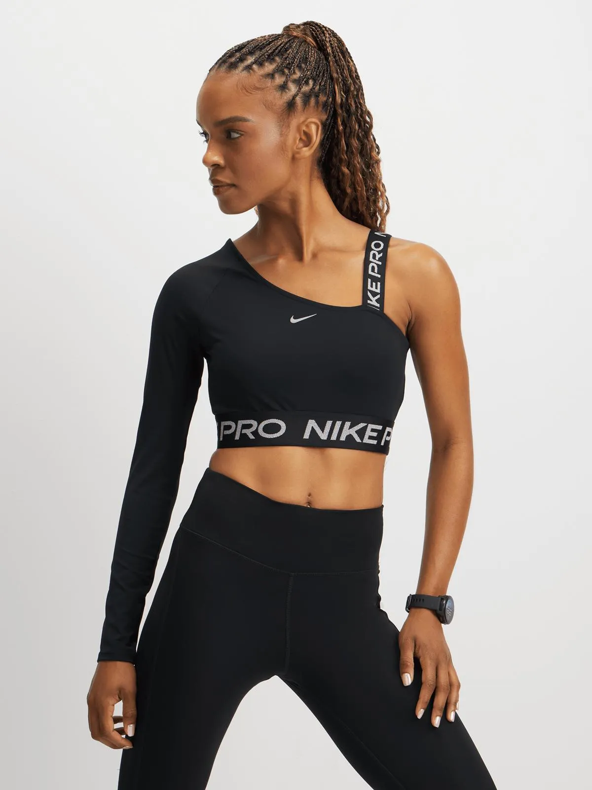 Nike Pro Womens Shine Asymmetrical Black Crop Top