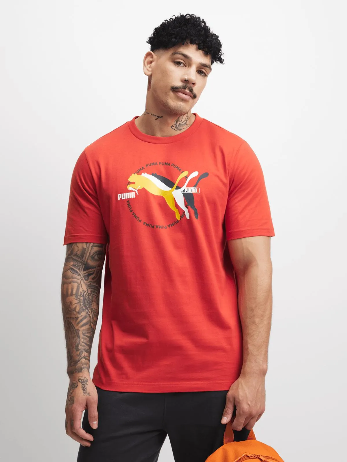 Puma Mens Multiple Logo Graphic Fire Red Tee