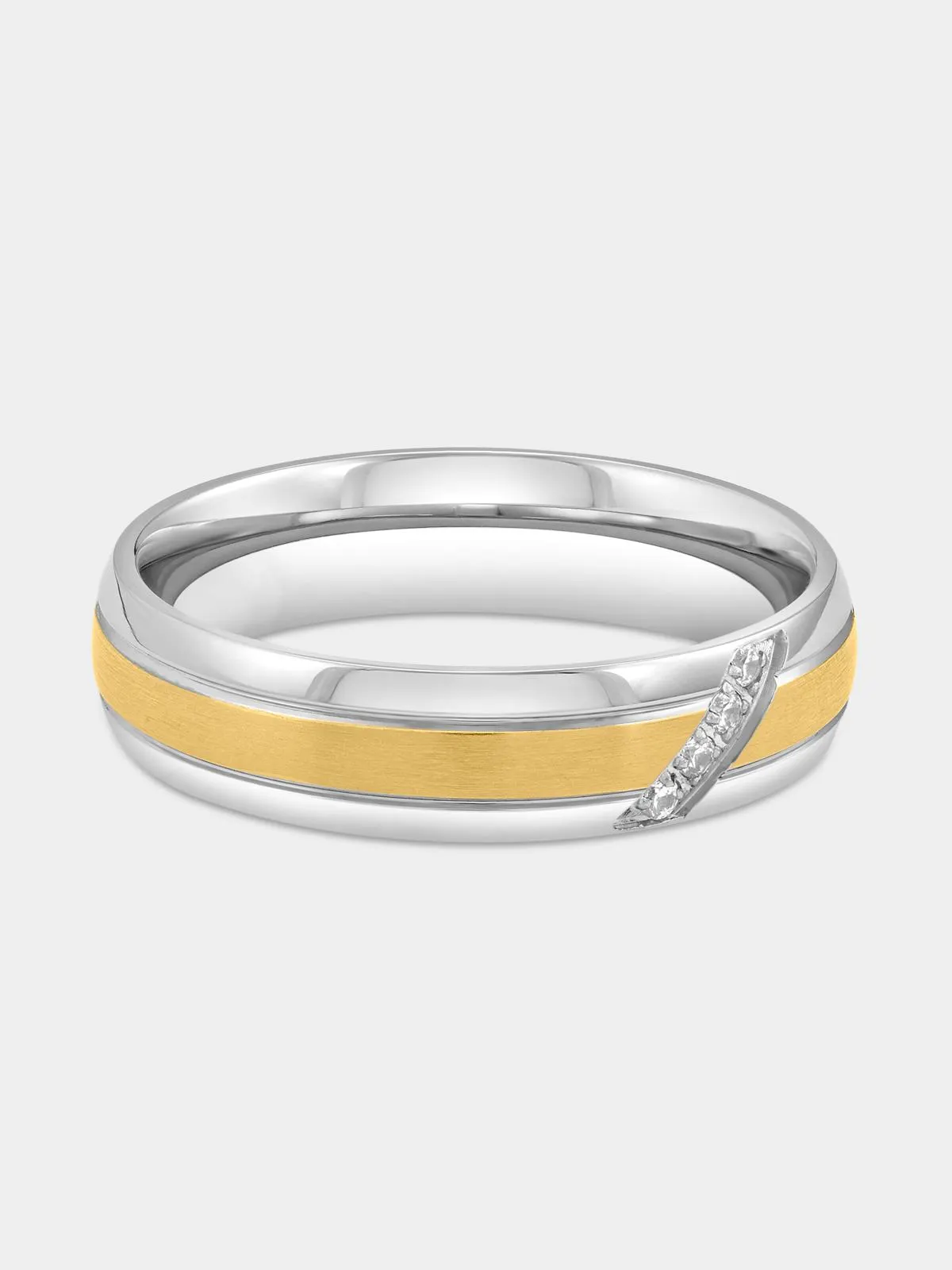 Two-Tone Stainless Steel Cubic Zirconia Diagonal Ring