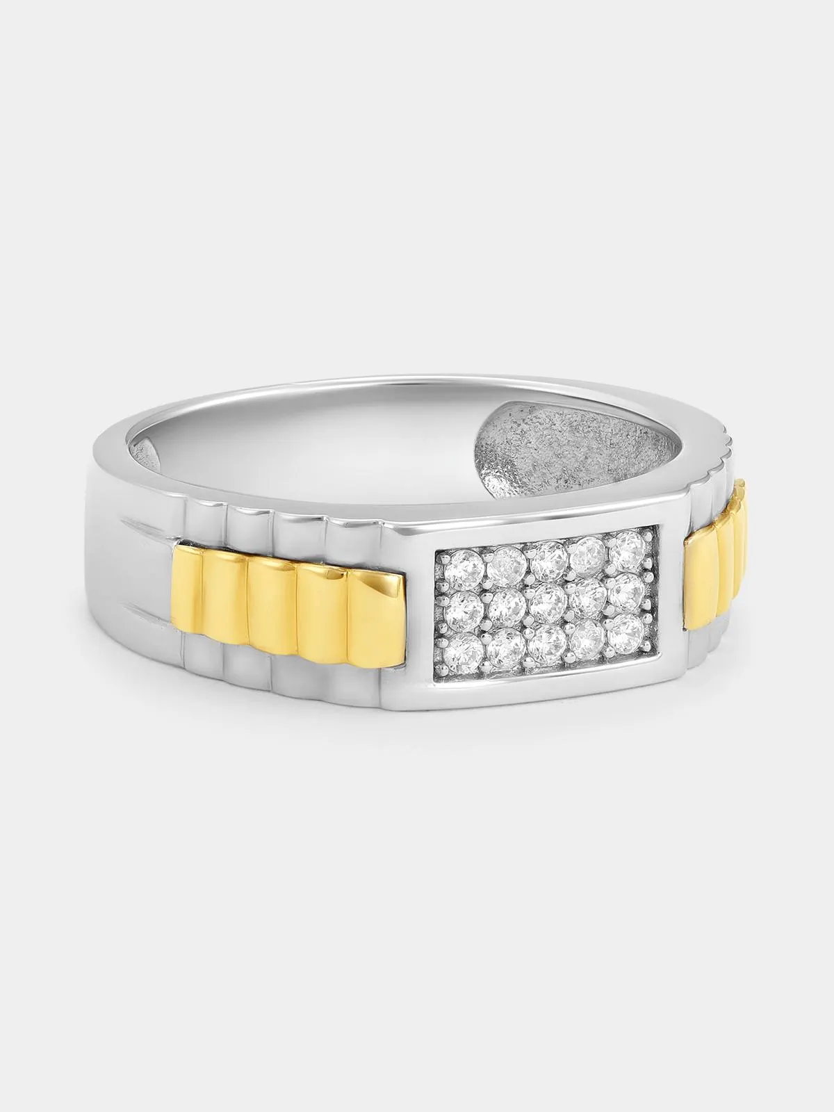 Yellow Gold & Sterling Silver Lab Grown Diamond Pavé Rectangle Ripple Ring