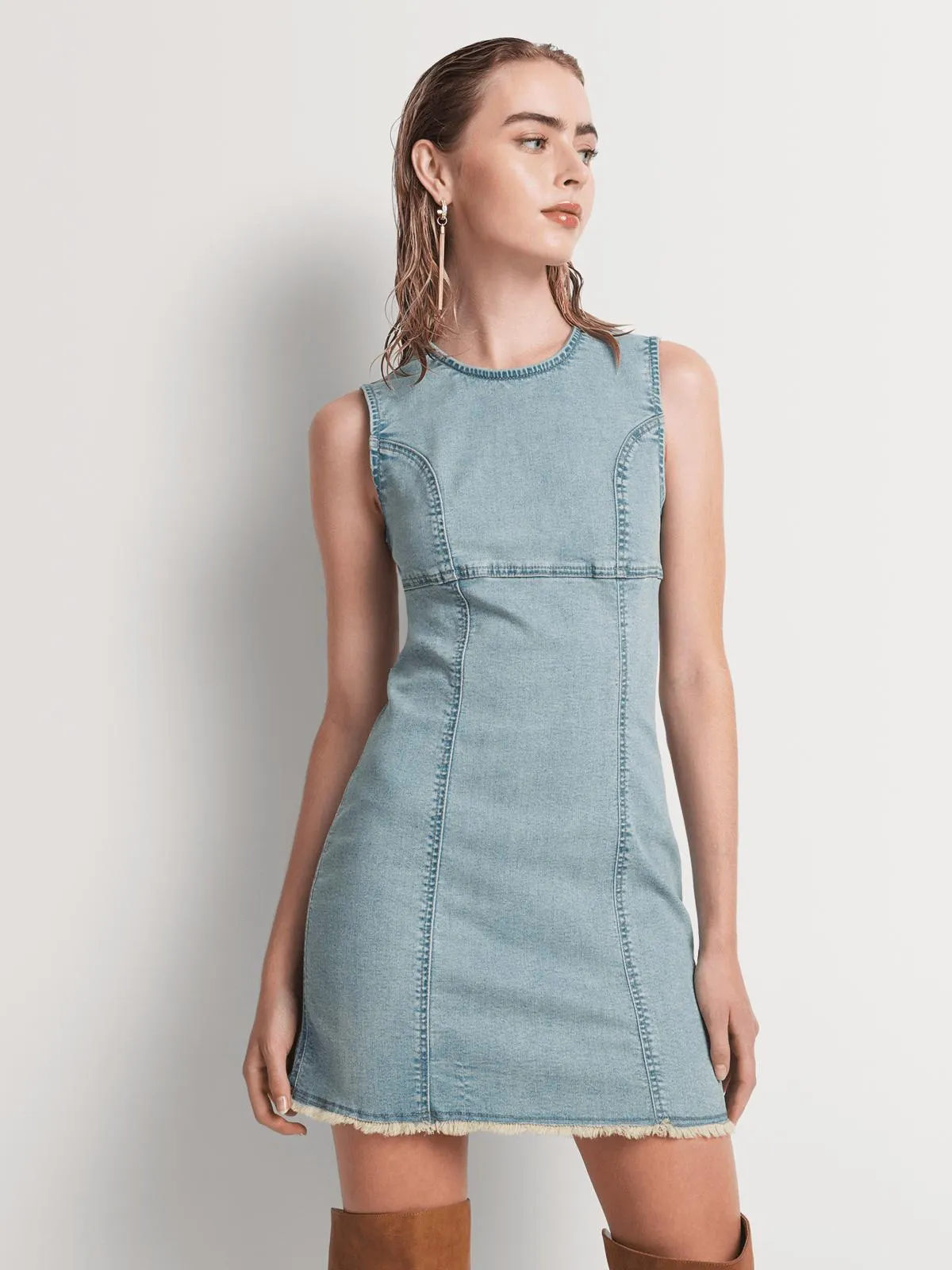 FF Denim Fray Detail Shift Dress