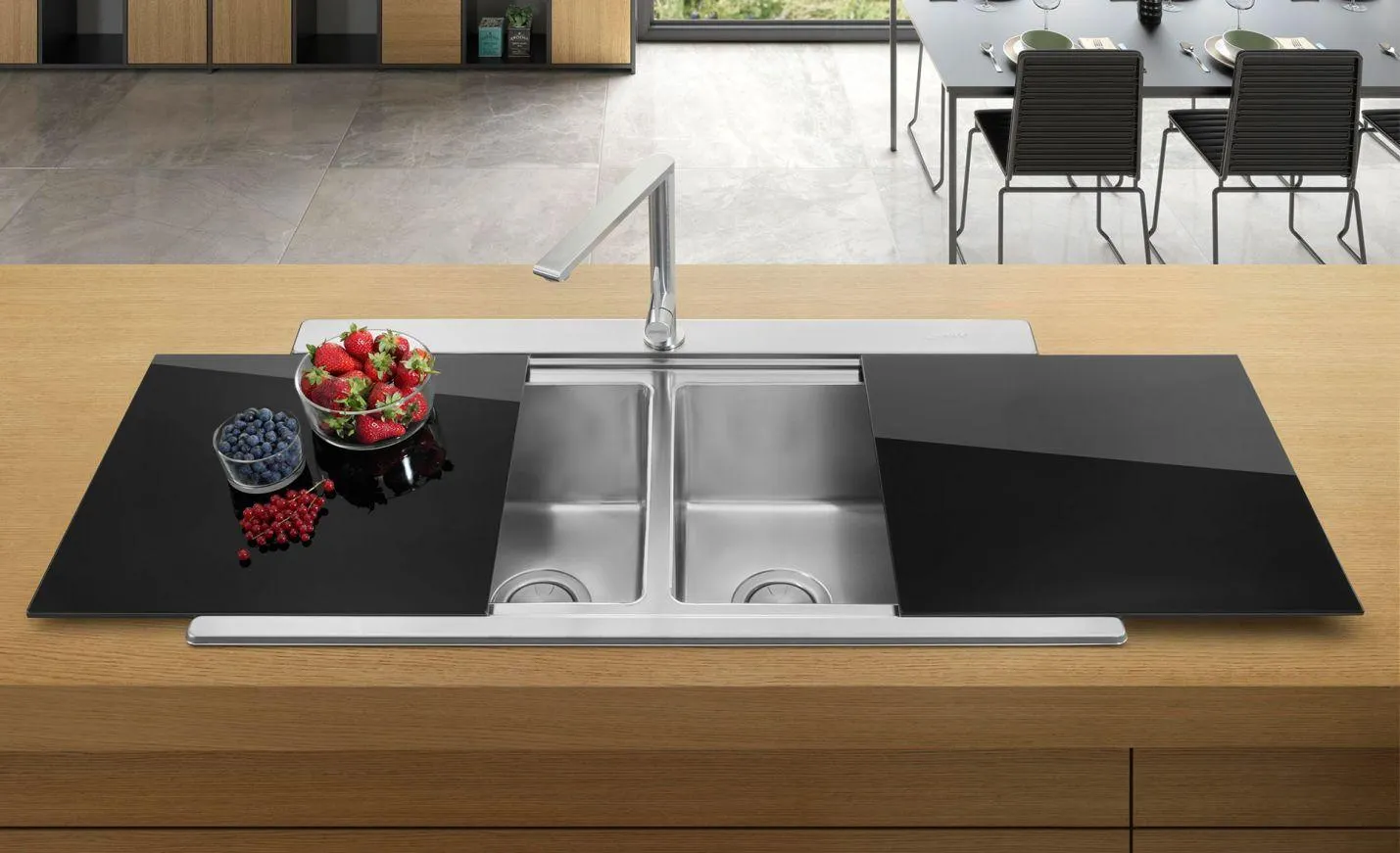 Smeg Mira Black Glass & Stainless Steel Sink Cover Set 407 x 446 x 7mm