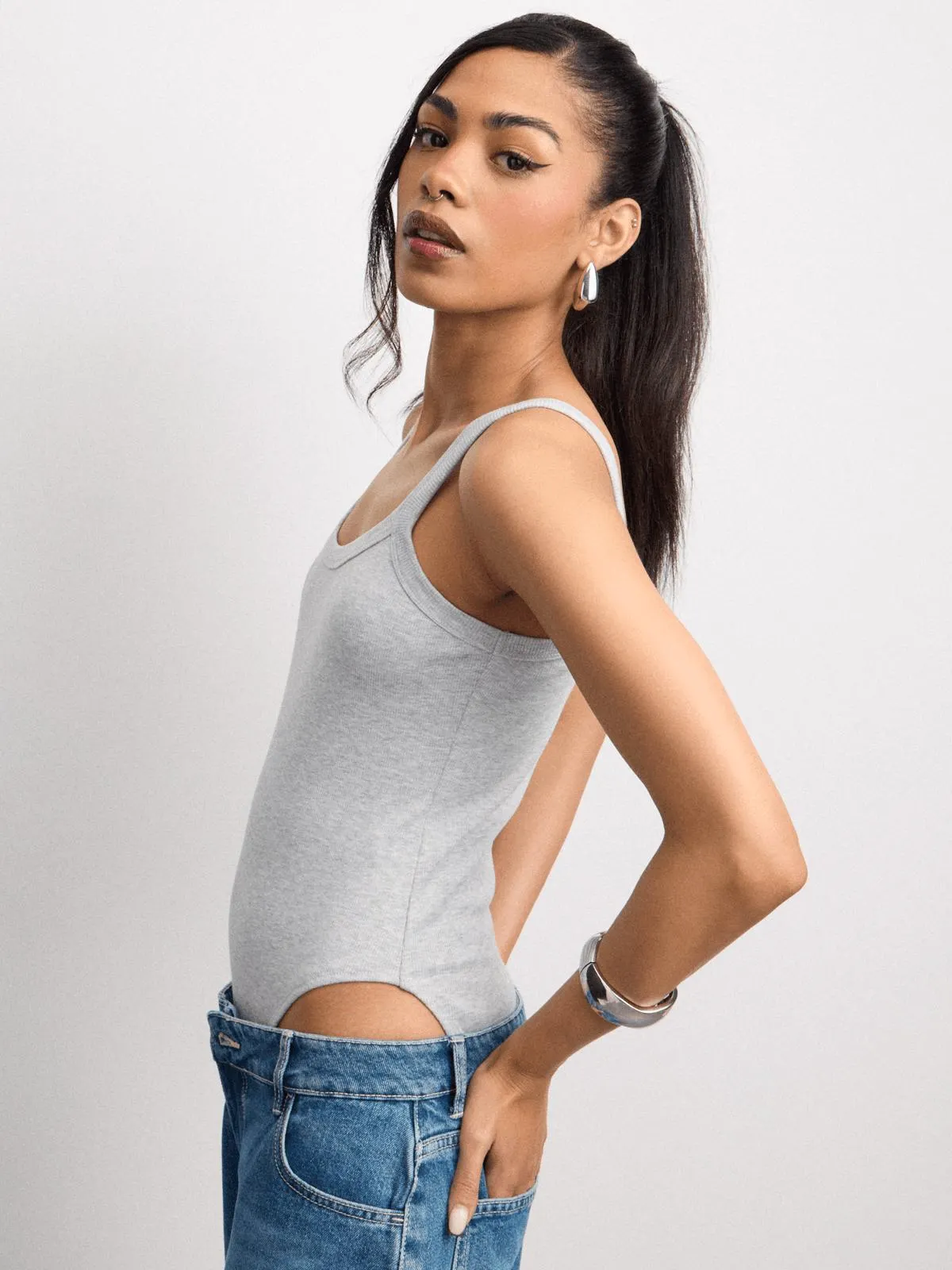 The FIX Women's Grey Rib Strappy Bodysuit