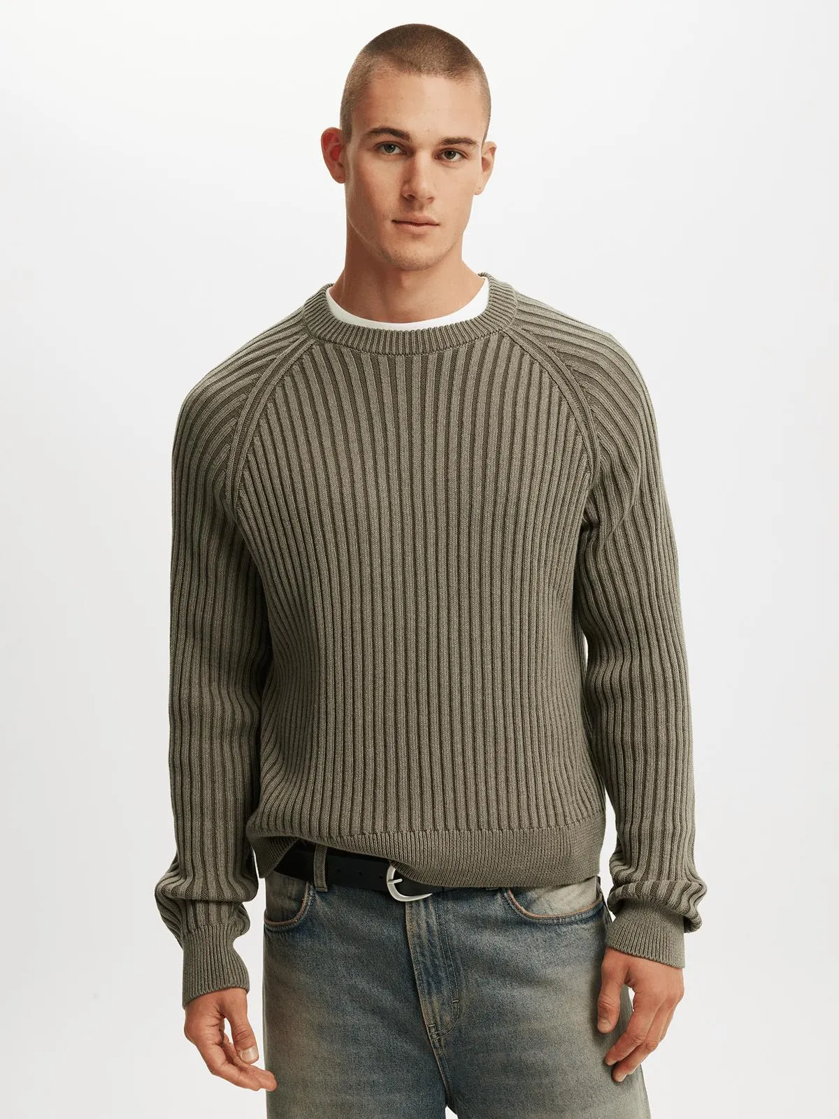Men's Cotton On Taupe Box Fit Rib Crew Knit Top